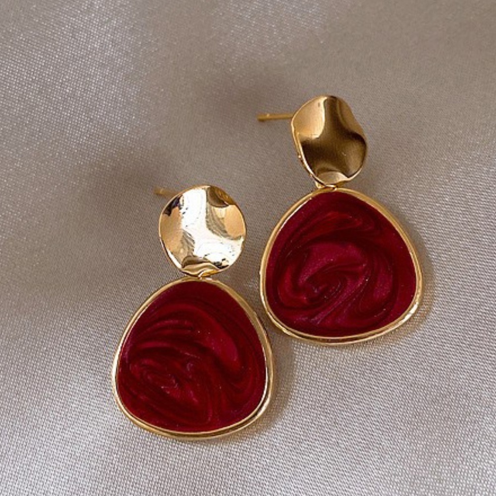 *IONI* Gold x Red Oval Shaped Fashion Dangle Earrings